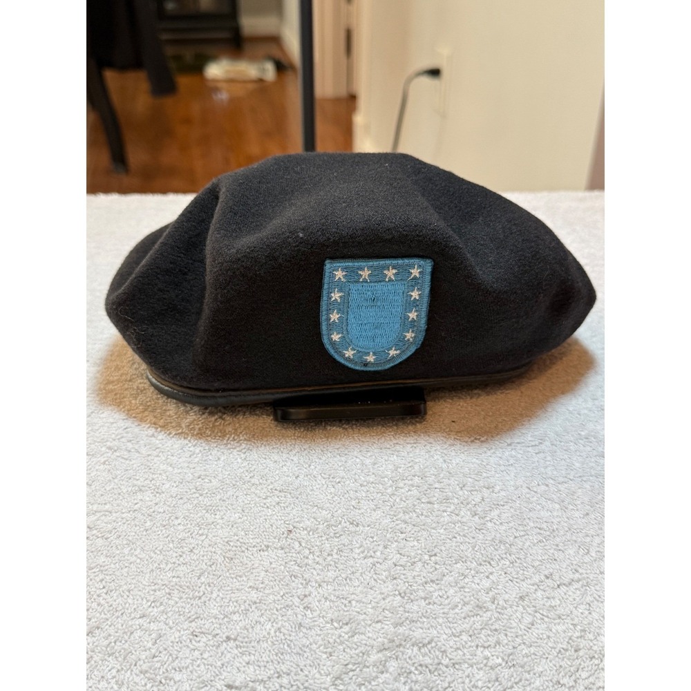 US Army Black Wool Beret with Blue Star Flash Military Headwear Hat